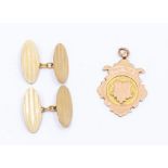 A pair of 9ct gold cufflinks, elongated oval form with geometric engraving, along with a 9ct gold