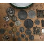 Collection of commemorative medals and other metal wares, includes large medal commemorating Queen