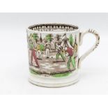 Staffordshire pottery early 19th Century cricket scene mug