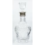 A Modern silver mounted cut and etched glass decanter, floral decoration to body, plain facet