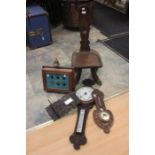A collection of five wooden items, two barometers, small hall mirror, butlers bell box and chair.