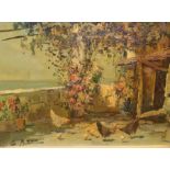 Oil on canvas, Mediterranean villa scene, with chickens, signed bottom left, circa 1960, 29 x 39 cms