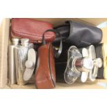 Collection of eight hip flasks, mainly pewter two small pairs of hunting binoculars and a duck