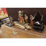 Collection of treen items including Black Forest tribal throne and weaving tools