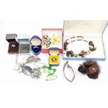 A collection of costume jewellery to include a silver mother of pearl pendant, Wedgewood ring,