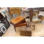 Oak cased sewing machine together with an oak spinning chair and a Victorian mahogany commode