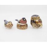 Three Royal Crown Derby paperweights, boxed and with gold stoppers: the bullfinch, little owl and