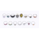 A collection of fifteen Gems TV silver and gem set dress rings, to include a a black spinel