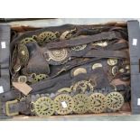 Two boxes of 19th & 20th Century brass horse brasses mounted on martingale straps, traditional