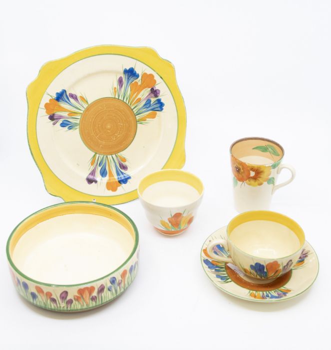 Collection of Clarice Cliff crocus tea cup and saucers with biscuit plate and other similar