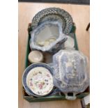 Three boxes of mixed 19th and 20th Century ceramics including Doulton 19th Century blue and white