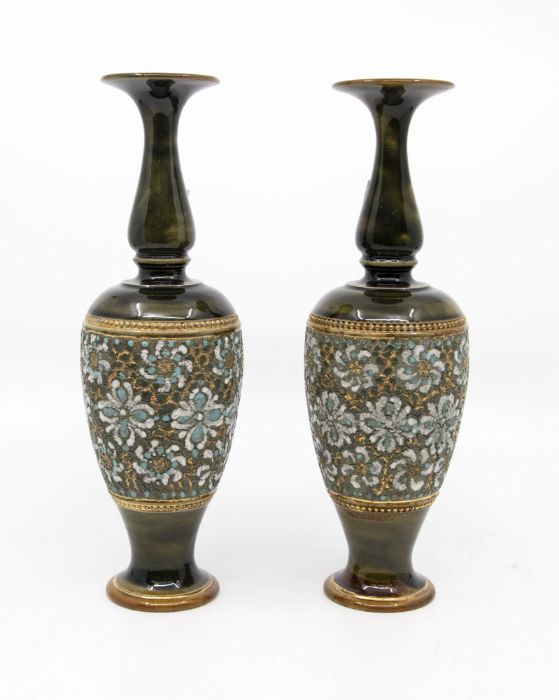 Pair of early 20th Century Royal Doulton green ground Lambeth vases, no chips or cracks