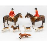 Beswick collection of two huntsmen on horses and four beagle dogs with one fox