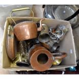 Collection of brass and copperwares including warming pan, miner lamp, kettles, candle sticks, jugs,