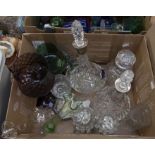 Collection of glasswares including two silver collared decanters, display glass vases