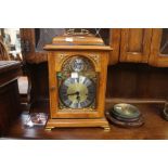 20th Century German Tempus Fugit mantle clock with four glass panels in mahogany, silvered dial,
