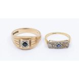An Edwardian sapphire and diamond platinum and 18ct gold ring, rectangular top with square cut
