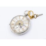 A silver open faced pocket watch with silvered dial with applied rose plated Roman numerals,