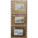 A set of three early 20th Century Continental watercolours depicting lake scenes with figures and