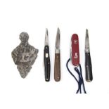 Collection of early to late pen knives, including Swiss army along with lead figure plaque 18/