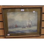 Marine watercolour by Derby artist WEJ Dean 1914, boat being towed into harbour by tug boat, 27 x