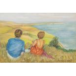 Lois Webster FRSA (British), Figures Overlooking The Bay, pastel, signed and dated 1975, approx 29.