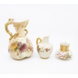 Early 20th Century Royal Worcester blush ivory gilt handled vase, small gilt handled posie jug and