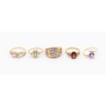 A collection of five Gems TV 9ct gold and gem set rings to include a tanzanite cluster, a