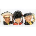 Three Royal Doulton character jugs, i.e. North American Indian, The Guardsman, and Pearly King