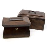 Two mahogany tea caddies, one late Georgian period and Victorian, inner lids missing