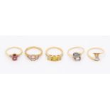 A collection of five Gems TV 9ct gold and gem set rings to include a Ethiopian three stone opal