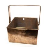 A George V brass large square shaped carrying box and handle, hinged cover missing, the front