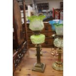 Late Victorian brass column with green larver glass oil lamp with green etched shade