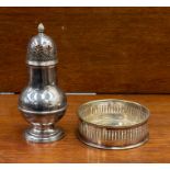 A silver plated wine coaster together with a Georgian style pear shape sugar caster (2)