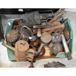 Collection of lamps, wooden handled tools, vintage oil cans, iron ground pegs etc