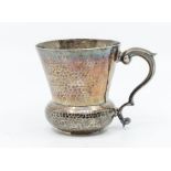 An Arts & Crafts Britannia standard silver christening mug, planished body engraved with inscription