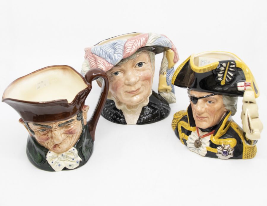 Three Royal Doulton character jugs i.e. Old Charley, Pearly Queen, and Lord Nelson with certificate