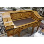 Modern satin and mahogany writing desk with leatherette writing inlay, front compartment inlaid in