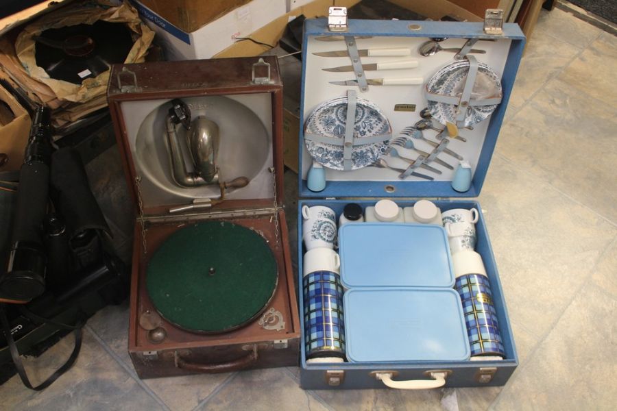 Mid 20th Century cased picnic set along with Decca portable gramophone with two cases of 78