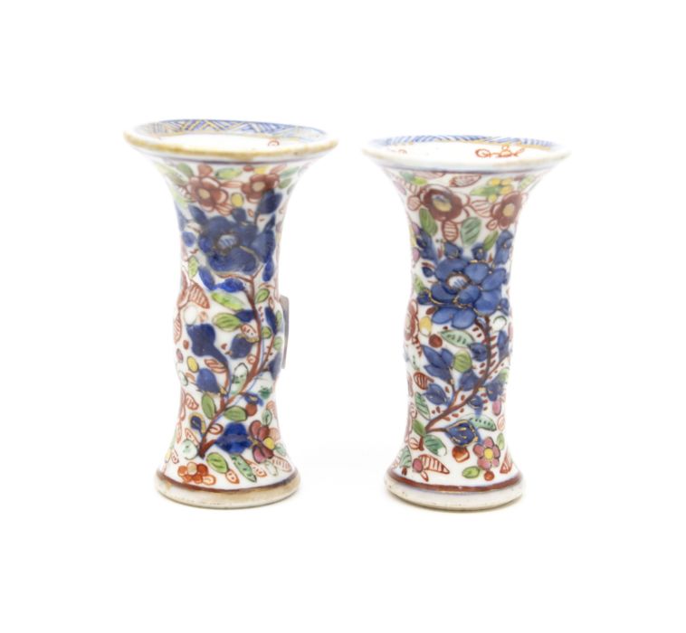 A pair of Chinese Doucai vases approx 10.5cm, underglaze enamelling and surface decoration. Probably - Image 2 of 2