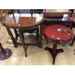 A reproduction demi lune hall table along with a modern drum table
