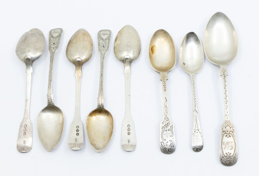 A matched set of five George III bright cut engraved teaspoons, hallmarked by Henry Day, London,