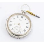 A Waltham USA silver open faced pocket watch with white enamel dial with Roman numerals,