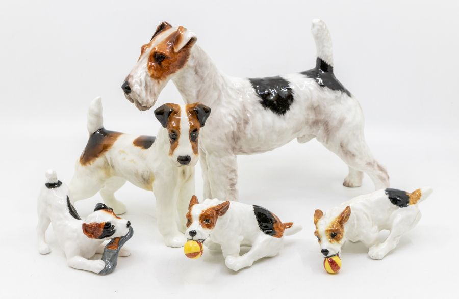 Collection of 1930's Royal Doulton fox terriers  one dog with ball is AF