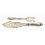 A pair of Victorian fish servers, the blade and tines engraved and pierced decoration, silver