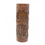 Late 19th Century wooden carved brush pot figures within forest scene detail