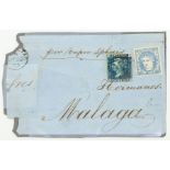 Gibraltar GB used in, P 2d blue accompanying Spanish 50m on large part front to Malaga