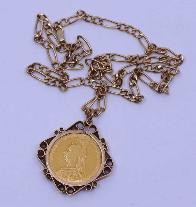 A Victorian gold sovereign dated 1832, in 9ct pierced mount and suspended on cublink 9ct chain, - Image 2 of 2