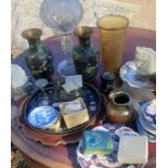 A large misc collection including Cloisonne enamel, Pottery brassware, Postal scales and similar