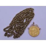 A gold sovereign mounted on yellow metal chain